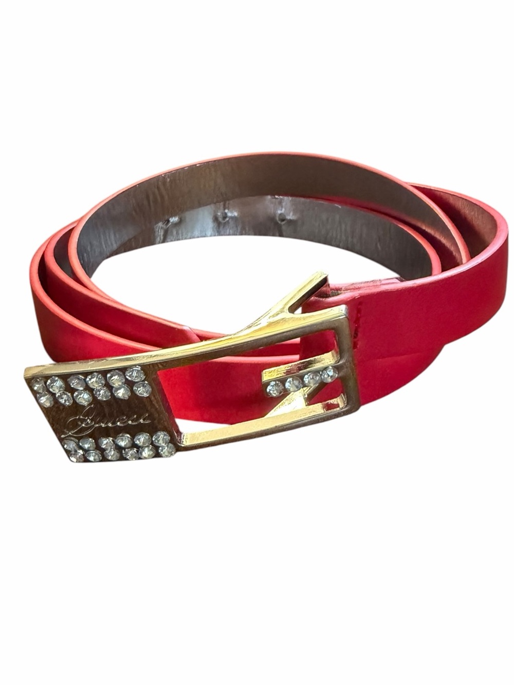Guess Rhinestone Buckle Belt in Red Vegan L 46”
